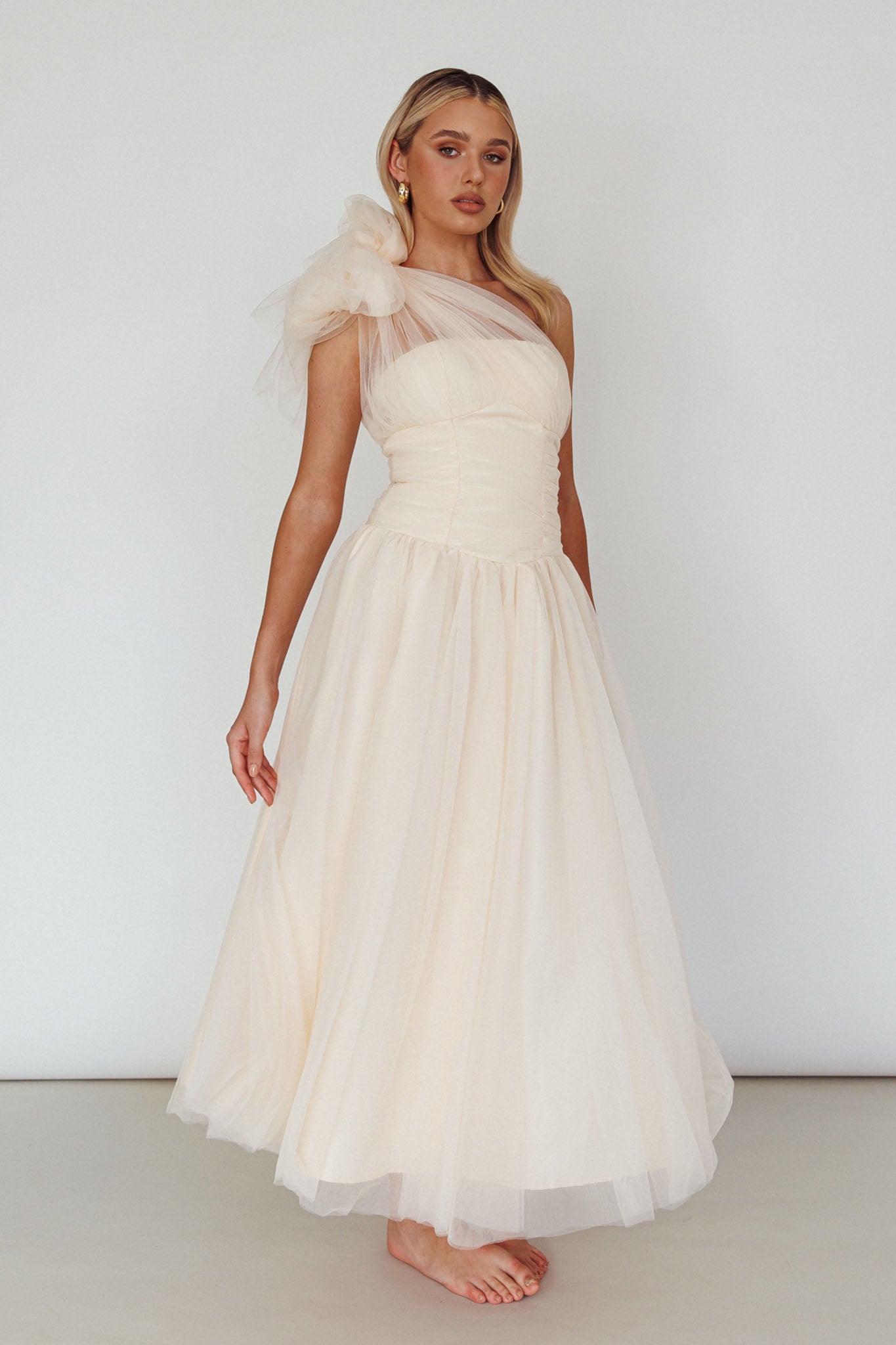 Let's Elope Bow Shoulder Midi Dress Butter
