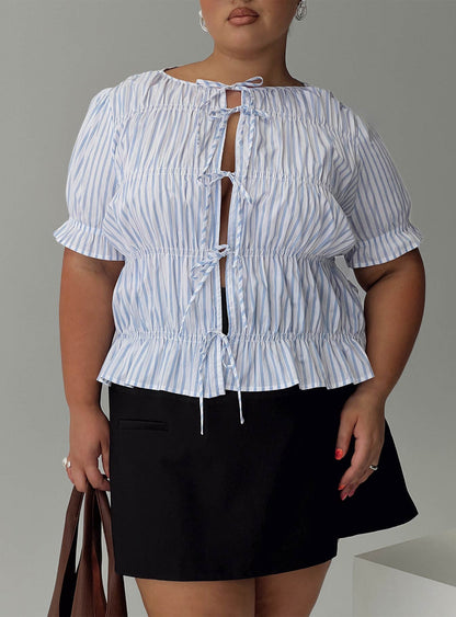 Alistair Bow Tie Top Blue / White Stripe Curve