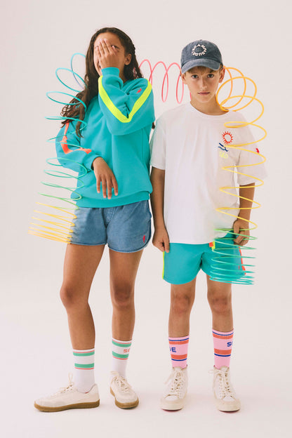 Kids Bright Green with Neon Coral Colourblock Shorts