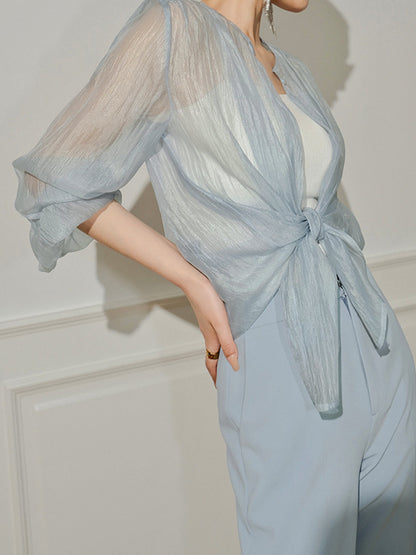 Semi-Sheer Through Long Sleeve Button Blouse