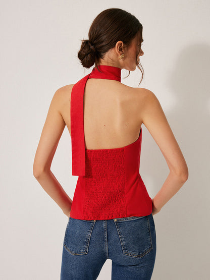 Cotton & Linen Halter Top With Decor Pockets