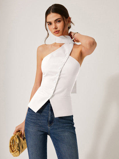 Cotton & Linen Halter Top With Decor Pockets