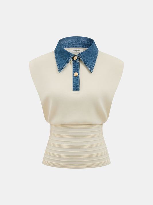 Denim Collar Sleeveless Cinched Waist Knit Top