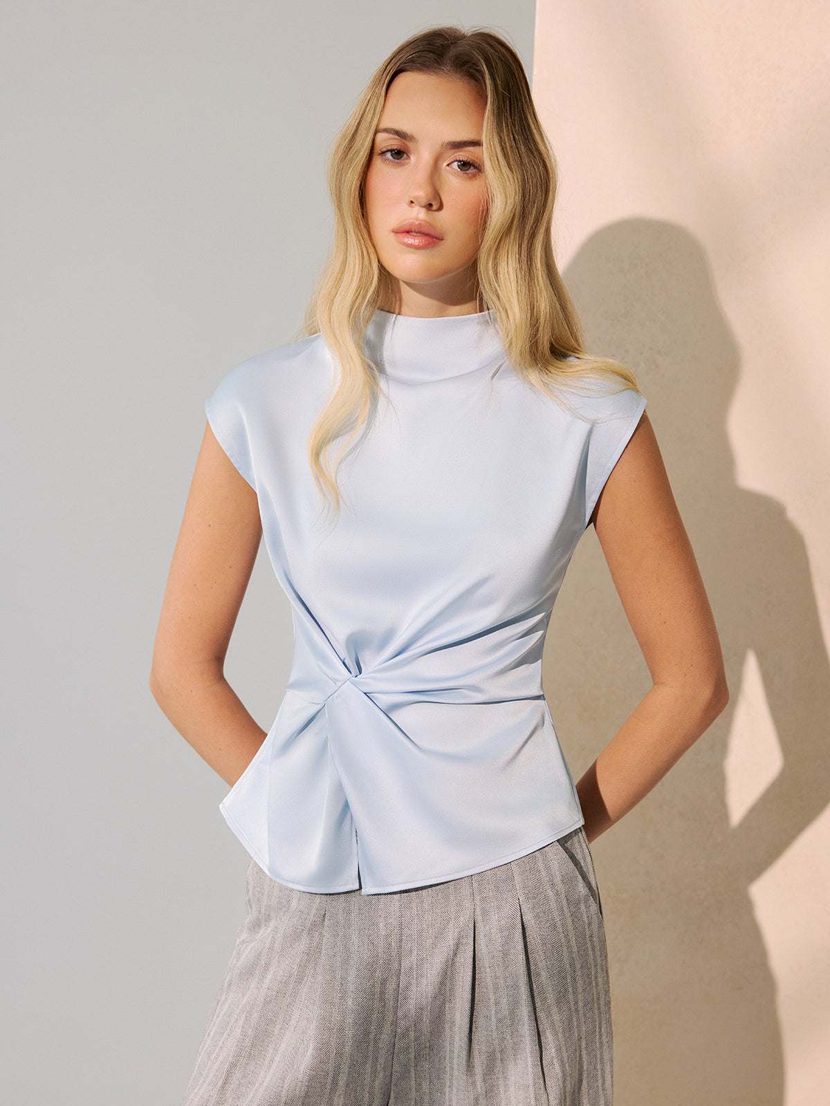 Twist-Front Satin Mock Neck Sleeveless Top