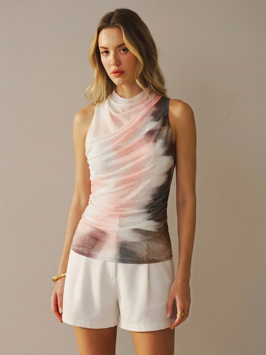 Tie-Dye Mesh Cowl Neck Sleeveless Top