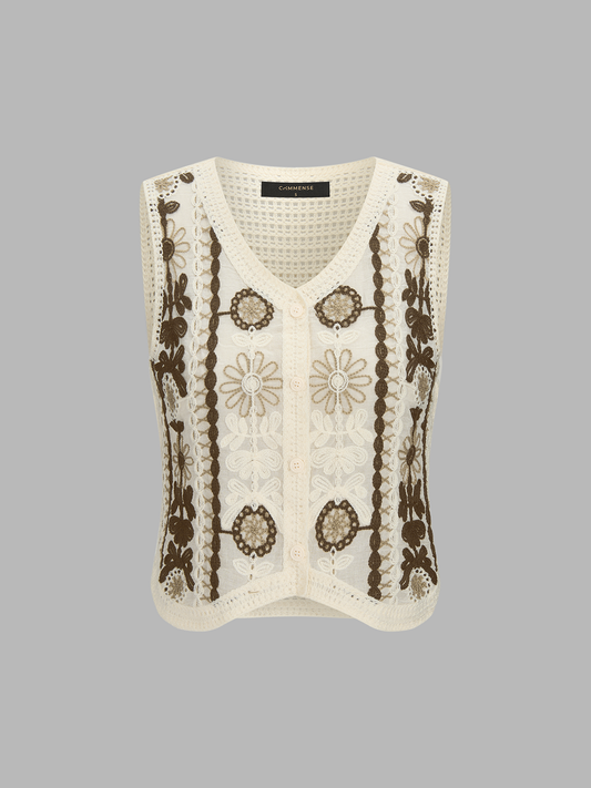 Floral Embroidered Crochet Knit Vest