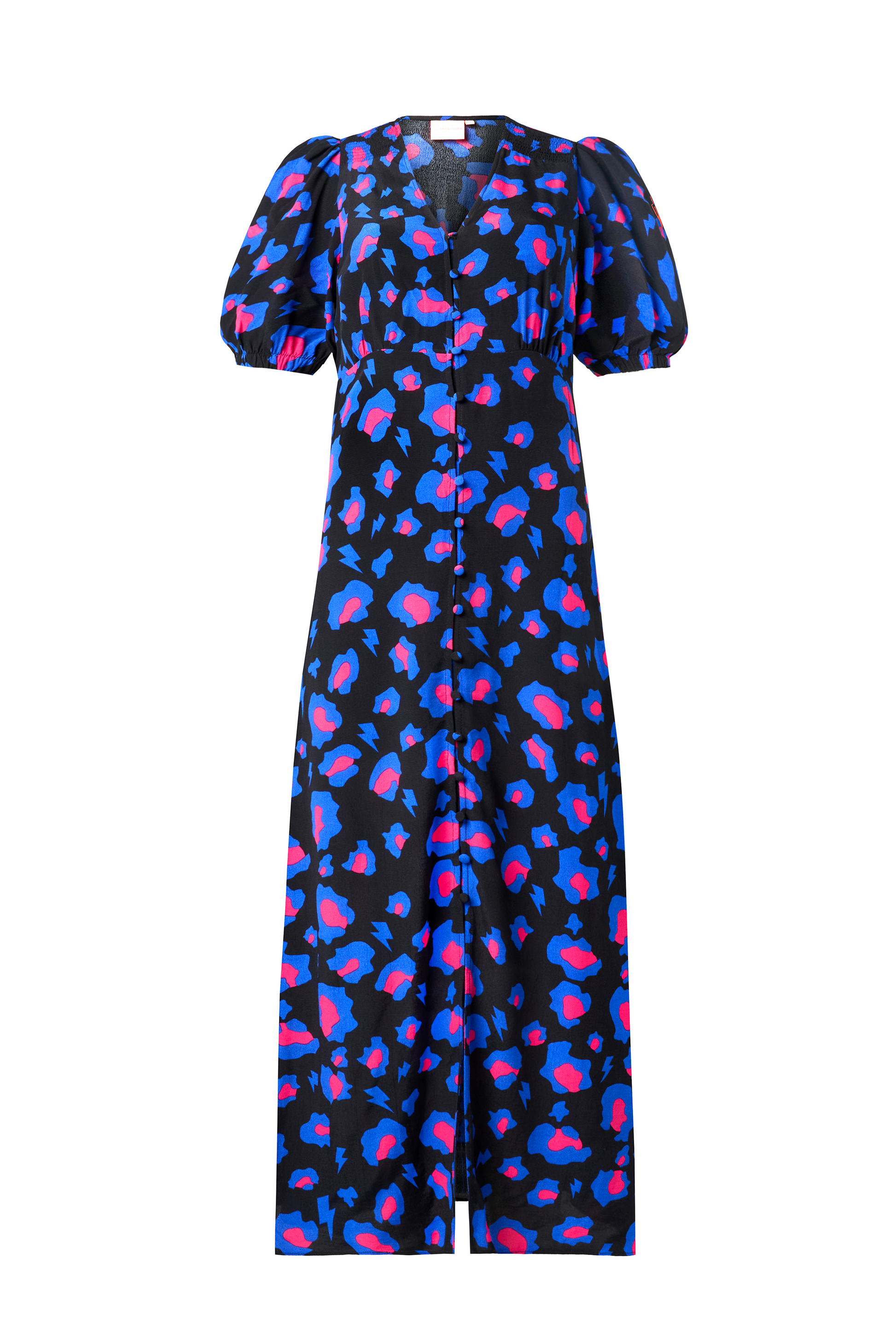 Black with Blue and Pink Shadow Leopard Blouson Sleeve Midi Tea Dress