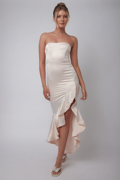Diony Strapless Ruffle Hem Midi Dress Oyster