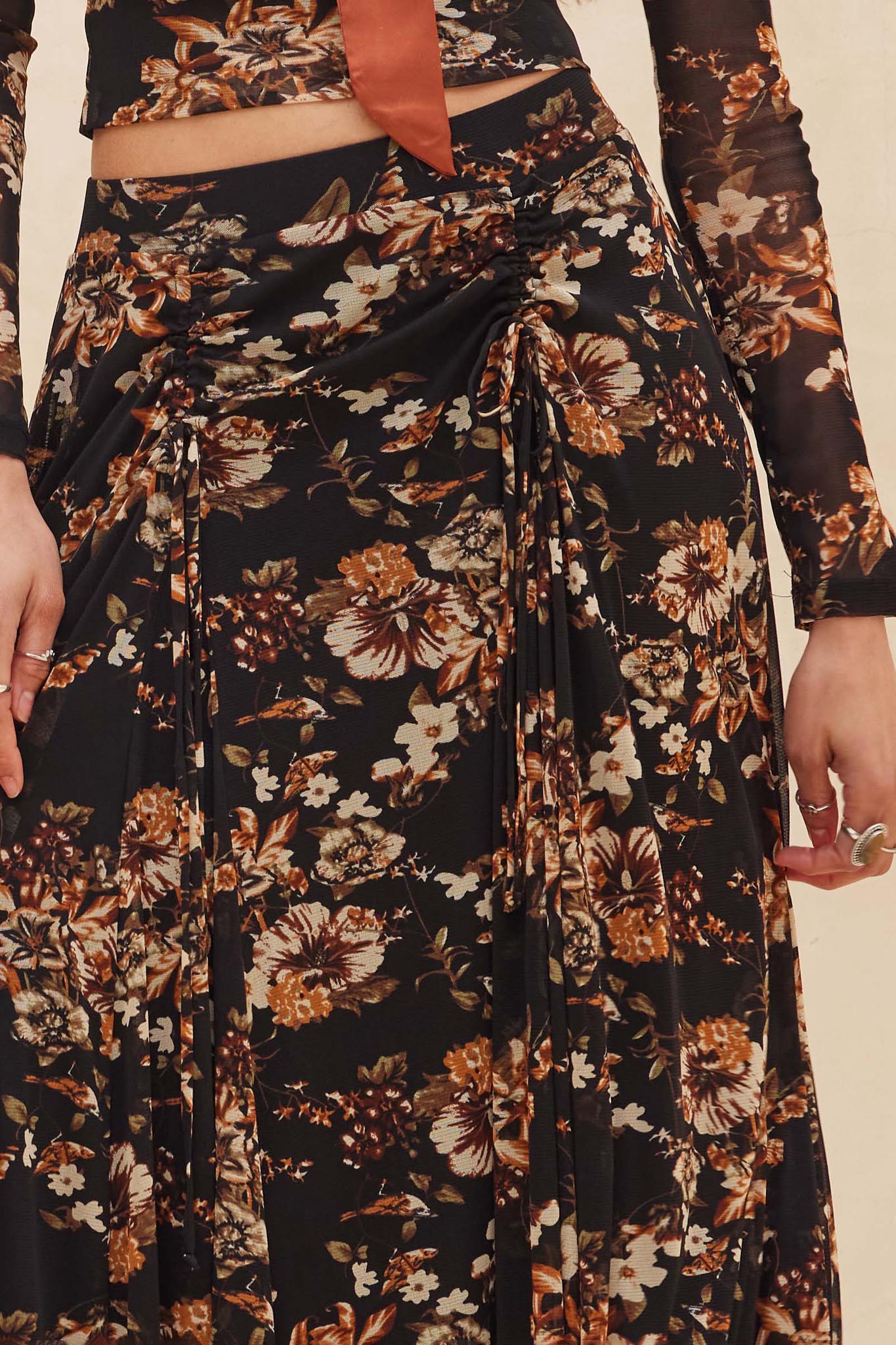 Forgotten Garden Floral Mesh Ruched Maxi Skirt