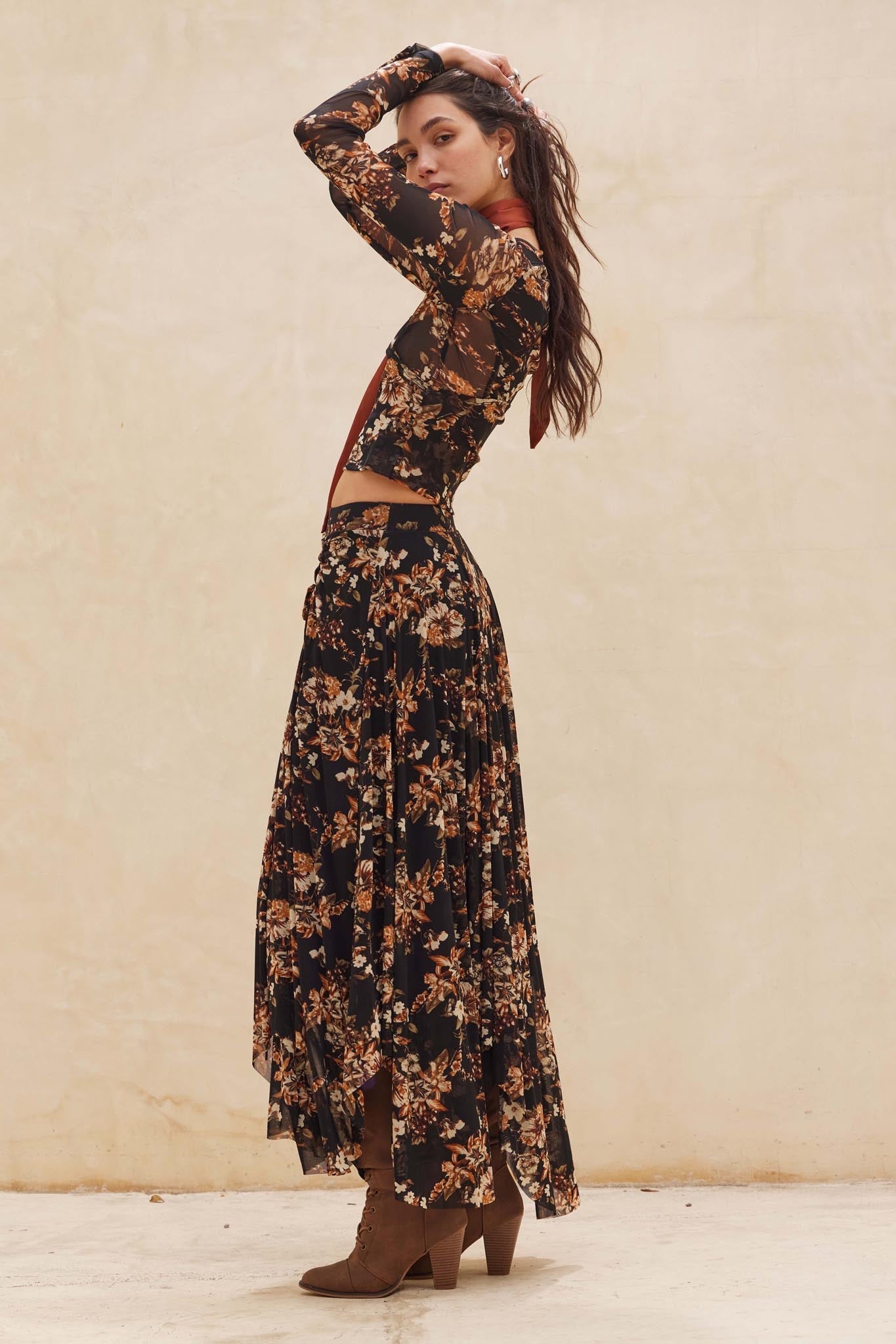 Forgotten Garden Floral Mesh Ruched Maxi Skirt