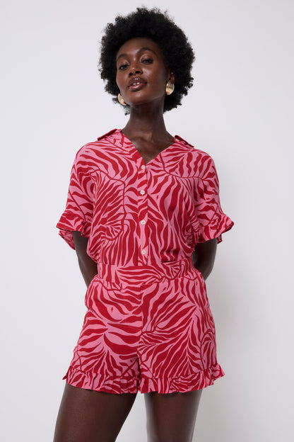 Pink with Red Palm Frill Hem Shorts