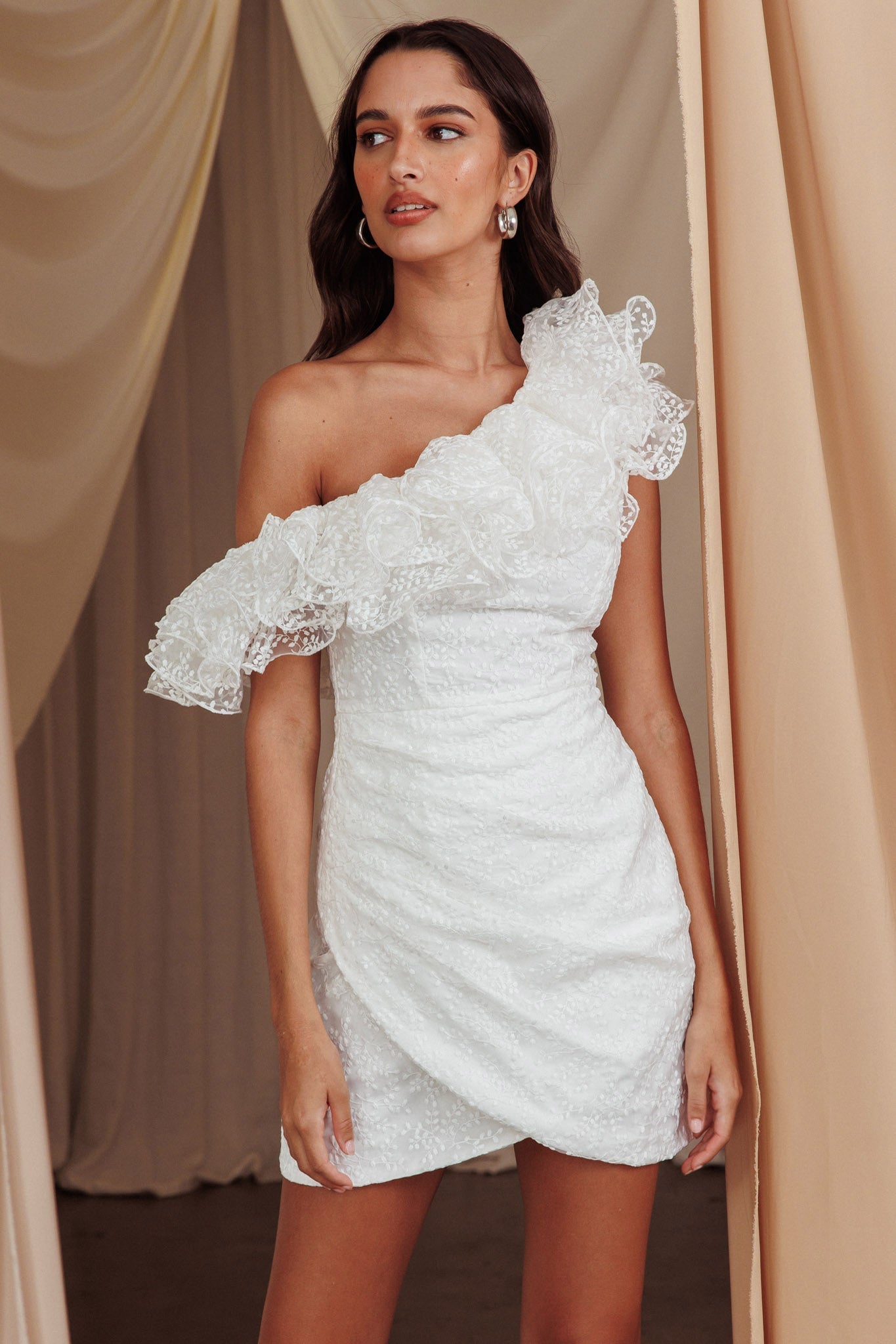 Hollyn One-Shoulder Ruffle Mini Dress White