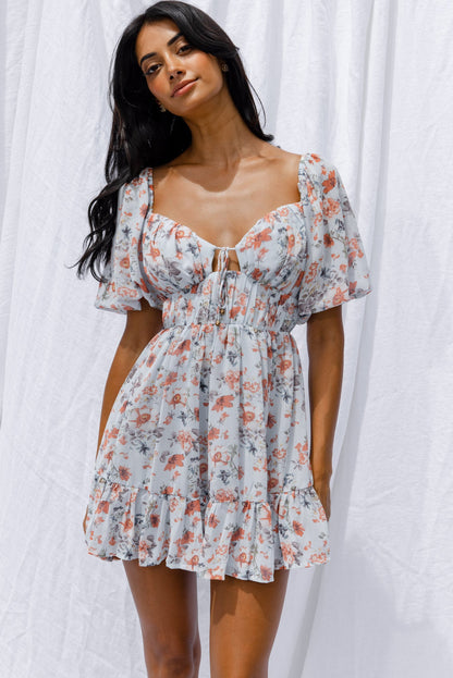 Vista Del Mar Tied Bust Mini Dress Floral Steel Blue