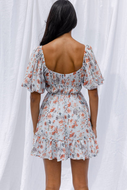 Vista Del Mar Tied Bust Mini Dress Floral Steel Blue
