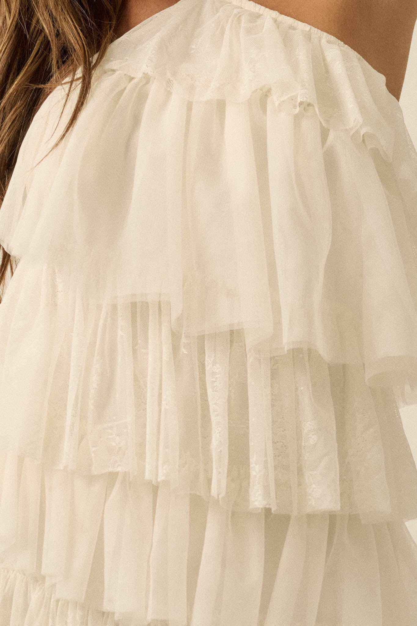 Frilly Flirt Ruffled Lace and Tulle Halter Mini Dress