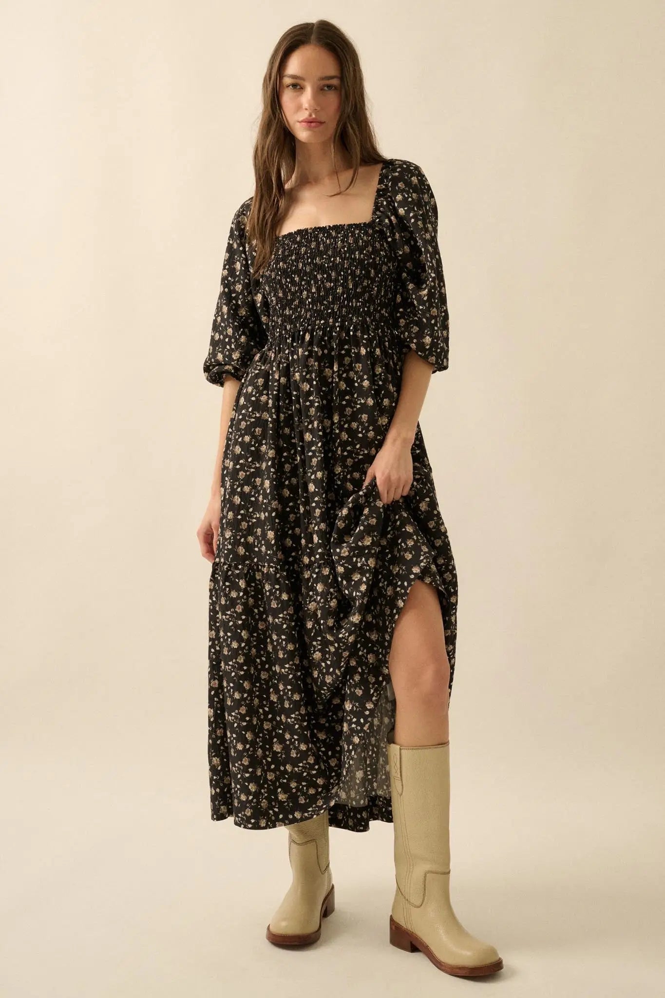 Home Ground Floral Smocked Midi Peasant Dress
