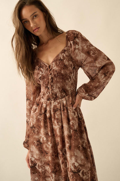 Chestnut Roses Smocked Floral Midi Peasant Dress