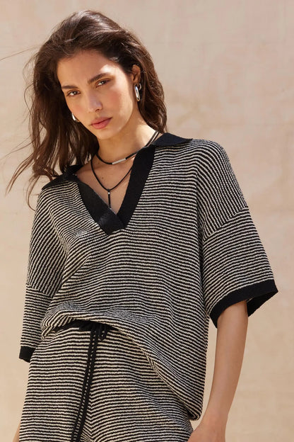 Days of Joy Striped Short-Sleeve Polo Sweater
