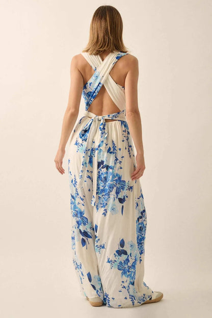 Lapis Lilies Floral Plunge-Front Wide-Leg Jumpsuit